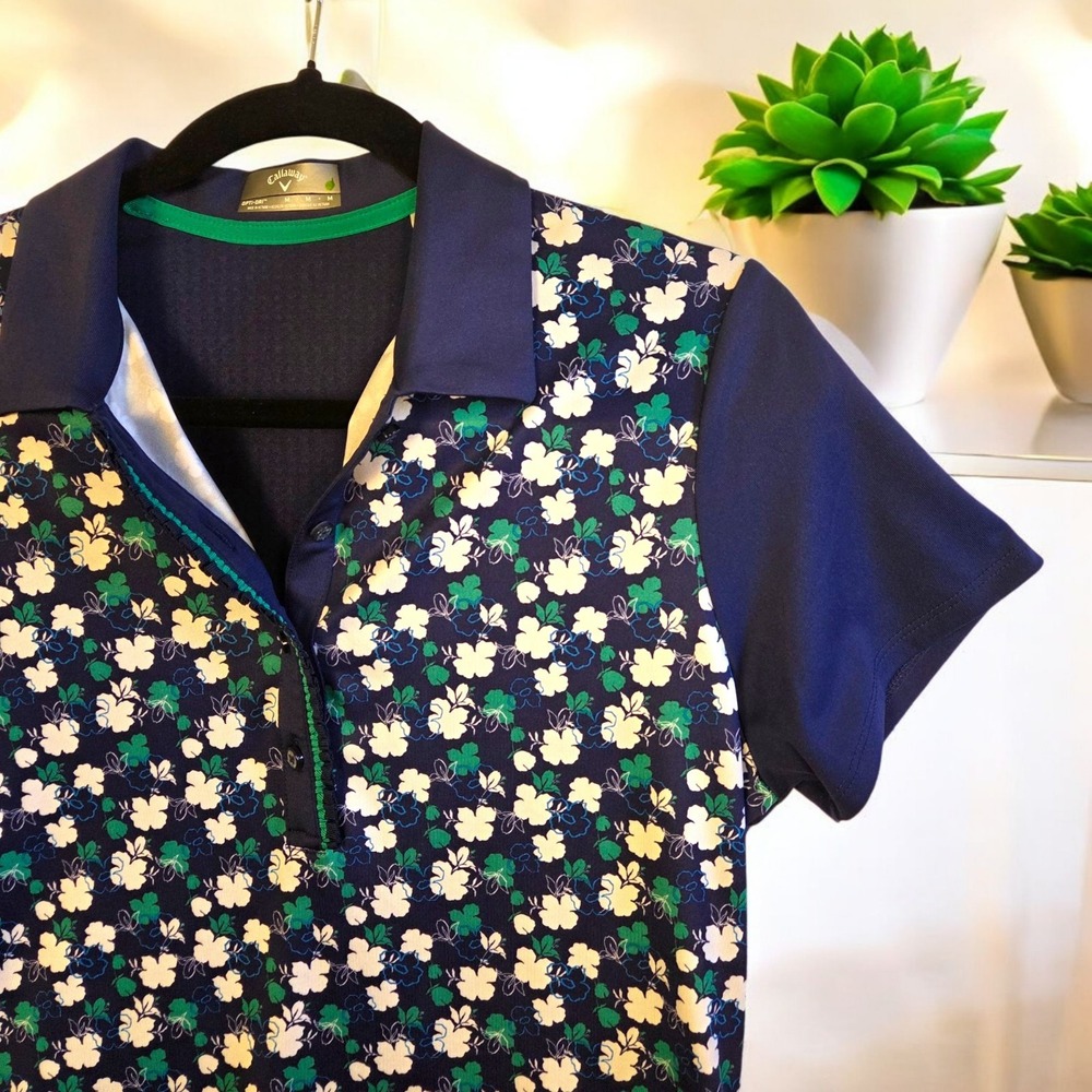 Callaway Women's Navy/Green Floral Short Sleeve Opti-Dri Golf‎ Polo Size Medium